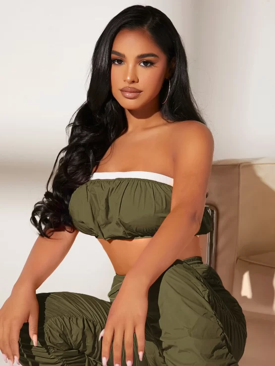 Contrast Trim Crop Tube Top & Stacked Pants Set - Image 11