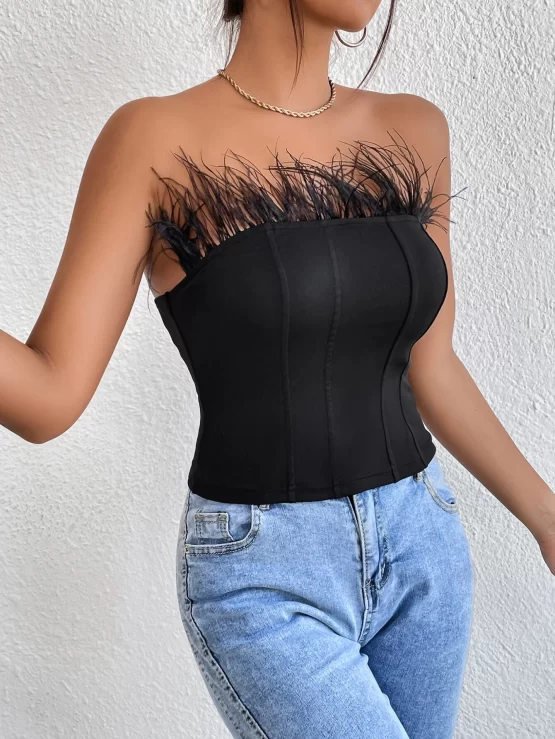 Fuzzy Plain Party Slim Fit Trim Tube Crop Top - Image 4
