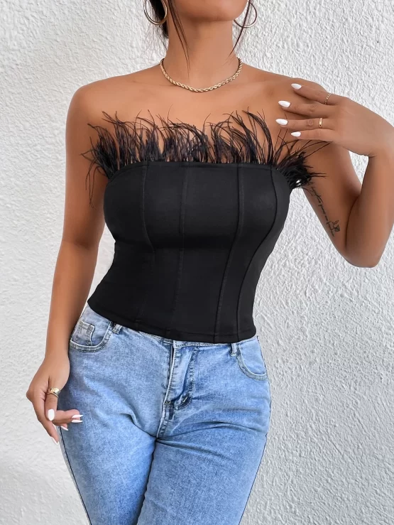 Fuzzy Plain Party Slim Fit Trim Tube Crop Top - Image 5