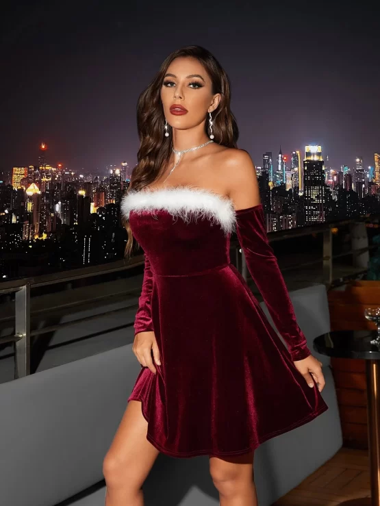 Off Shoulder Contrast Faux Fur Fuzzy Trim Velvet Dress - Image 3