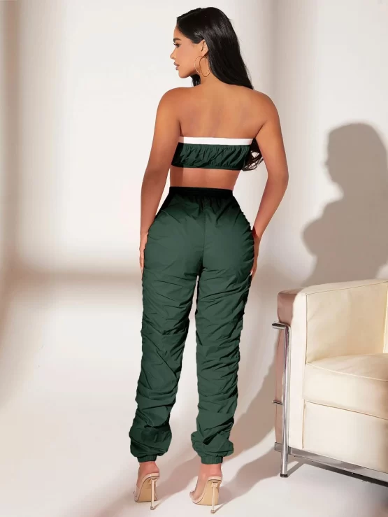 Contrast Trim Crop Tube Top & Stacked Pants Set - Image 6