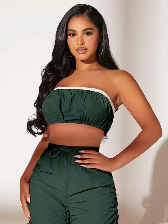 Contrast Trim Crop Tube Top & Stacked Pants Set - Image 7