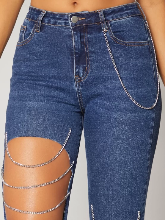 Raw Cut Button Chain Detail Skinny Jeans - Image 2