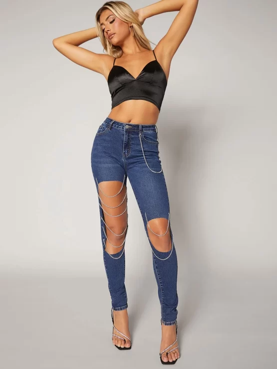 Raw Cut Button Chain Detail Skinny Jeans - Image 3
