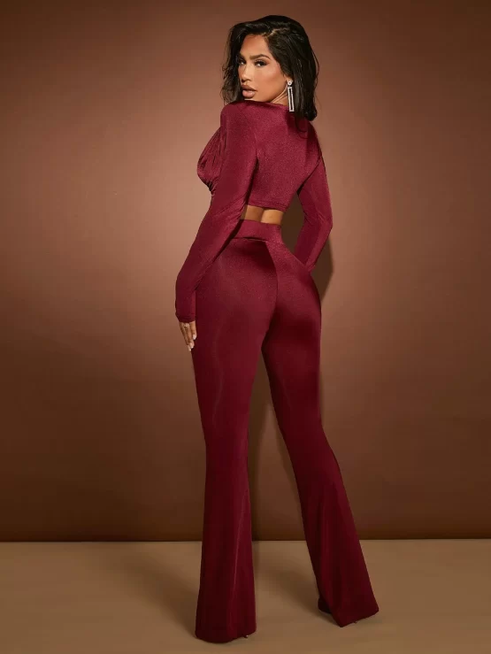 Cowl Neck Crop Top & Flare Leg Pants Set - Image 3