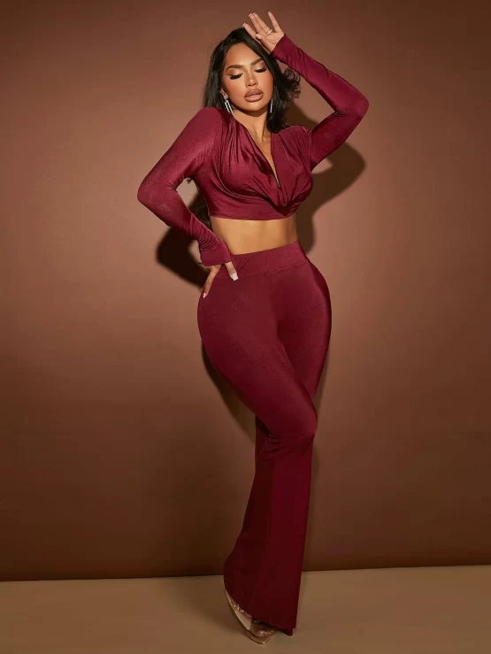 Cowl Neck Crop Top & Flare Leg Pants Set - Image 2