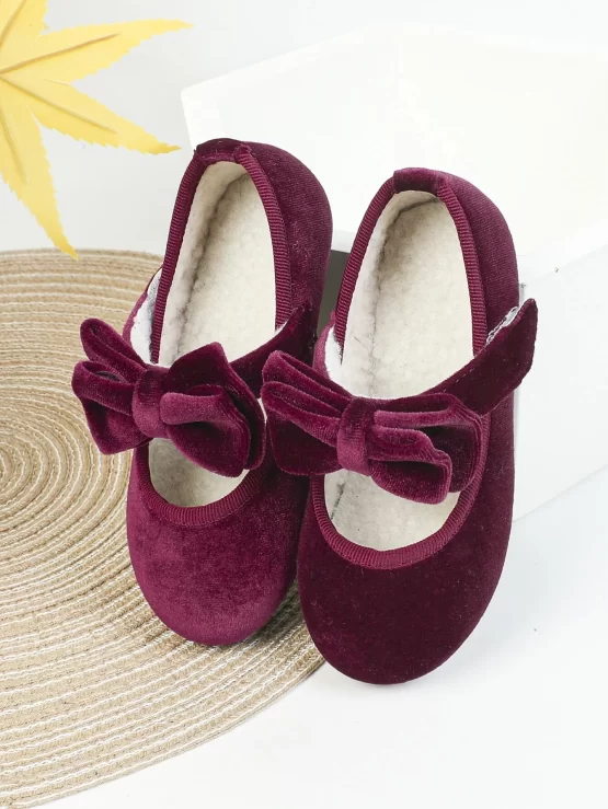 Girls Bow Decor Velvet Teddy Lined Mary Jane Flats - Image 2