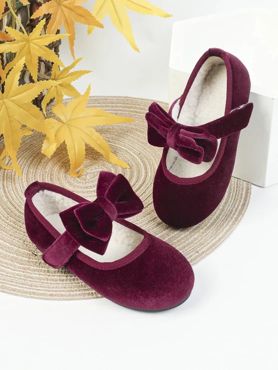 Girls Bow Decor Velvet Teddy Lined Mary Jane Flats - Image 3