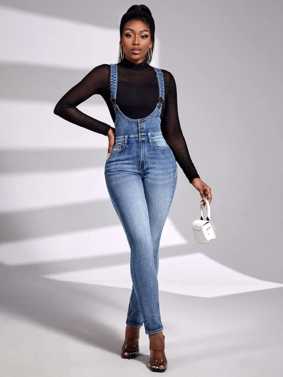 Bleach Wash Cat Scratch Denim Overalls Without Tee - Image 2
