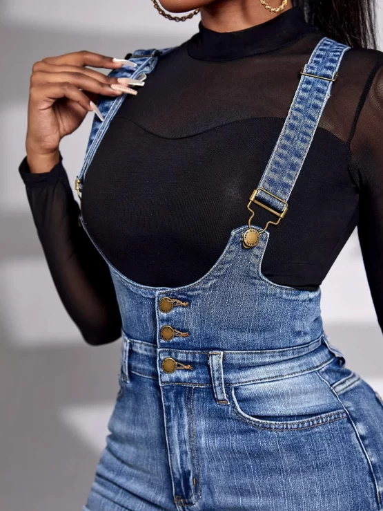 Bleach Wash Cat Scratch Denim Overalls Without Tee - Image 3