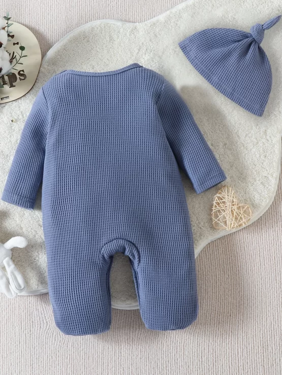 Baby Rabbit Embroidery Waffle Knit Footed Sleep Sleeve Jumpsuit & Hat - Image 2