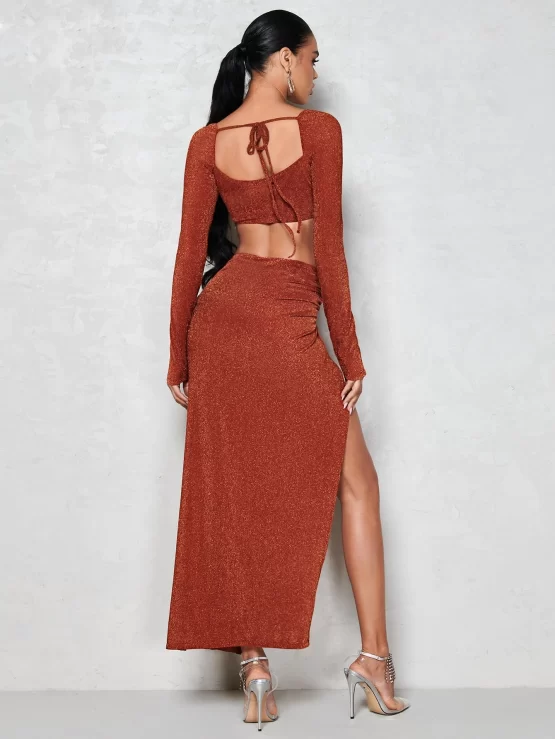 Rhinestone Fringe Trim Crop Top & Twist Front Split Thigh Skirt - Image 3