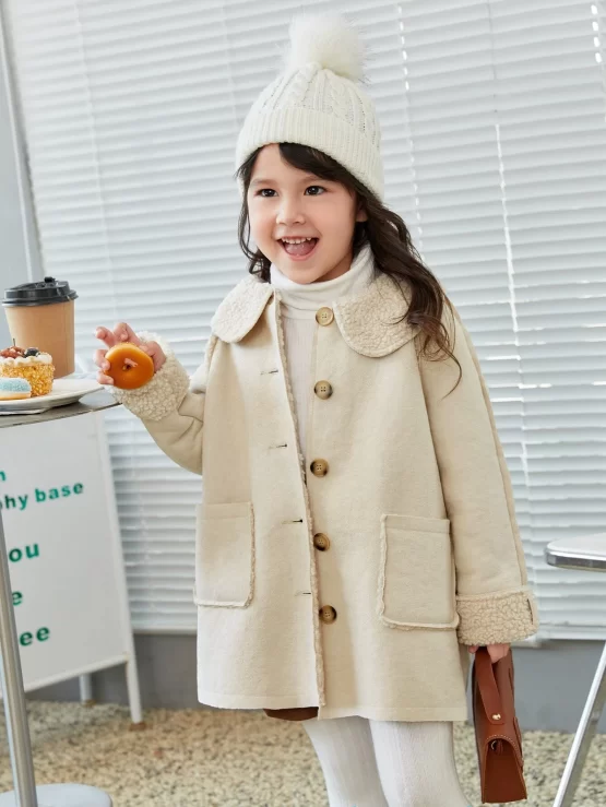 Toddler Girls Cartoon Graphic Raglan Sleeve Teddy Lined Button Coat - Image 3