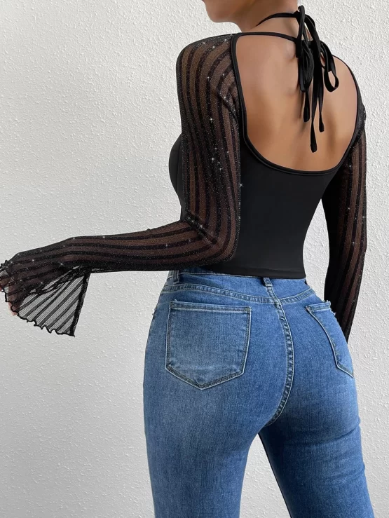 Contrast Mesh Tie Back Flounce Sleeve Crop Top - Image 2