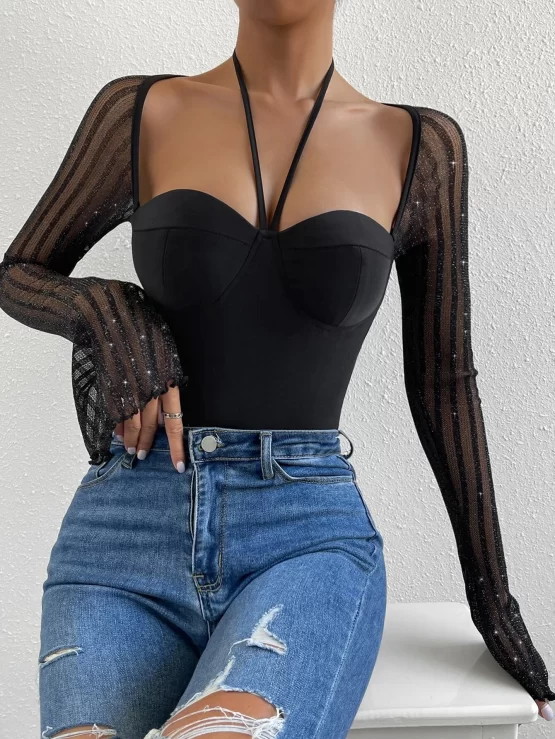Contrast Mesh Tie Back Flounce Sleeve Crop Top - Image 3