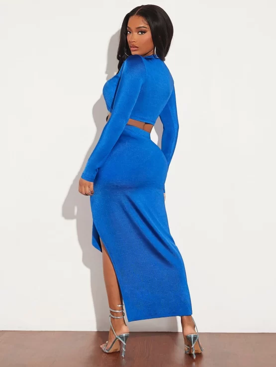Mock Neck Crop Top & Wrap Draped Front Split Thigh Skirt - Image 3