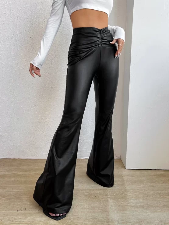 Ruched Natural PU Leather Flare Leg Pants - Image 4