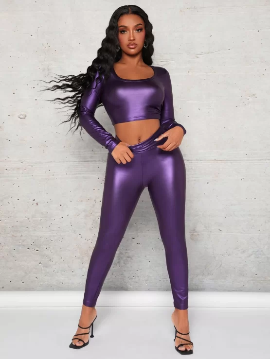 Scoop Neck PU Leather Crop Top & Leggings - Image 2