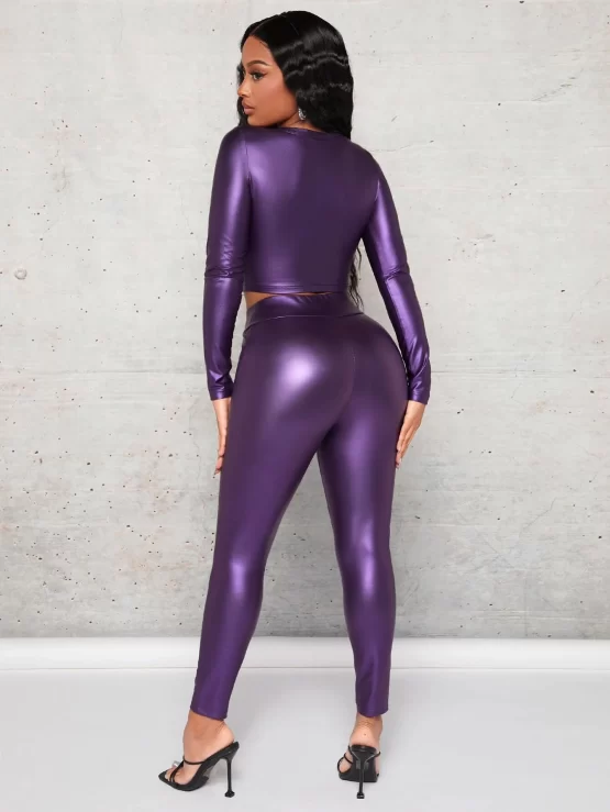 Scoop Neck PU Leather Crop Top & Leggings - Image 3