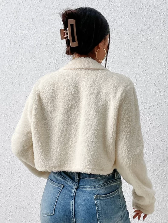 EZwear Flap Collar Plain Detail Teddy Jacket - Image 2