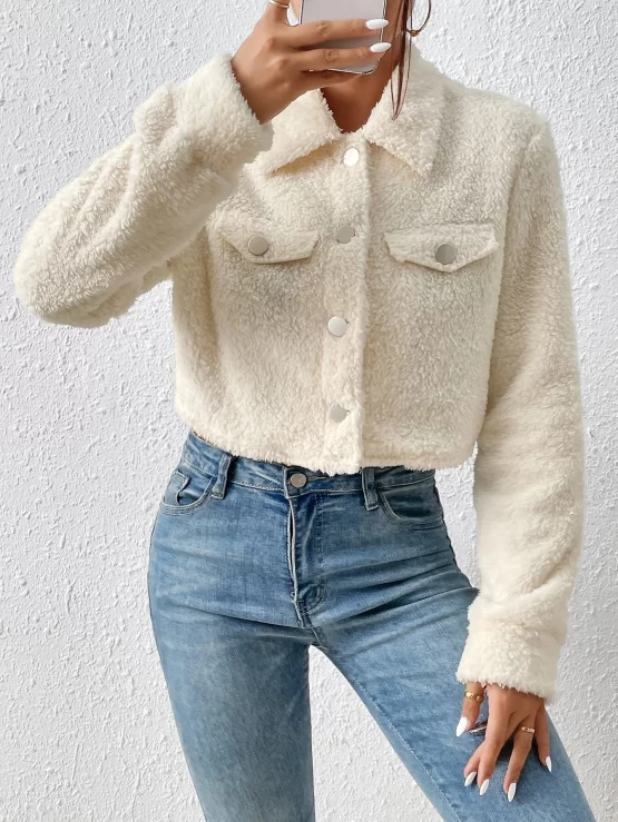 EZwear Flap Collar Plain Detail Teddy Jacket - Image 3