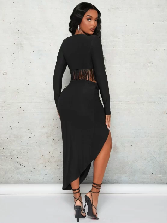 Solid Fringe Hem Crop Tee & Twist Front Split Thigh Skirt - Image 3