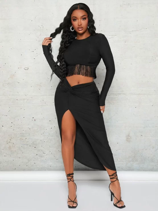 Solid Fringe Hem Crop Tee & Twist Front Split Thigh Skirt - Image 2