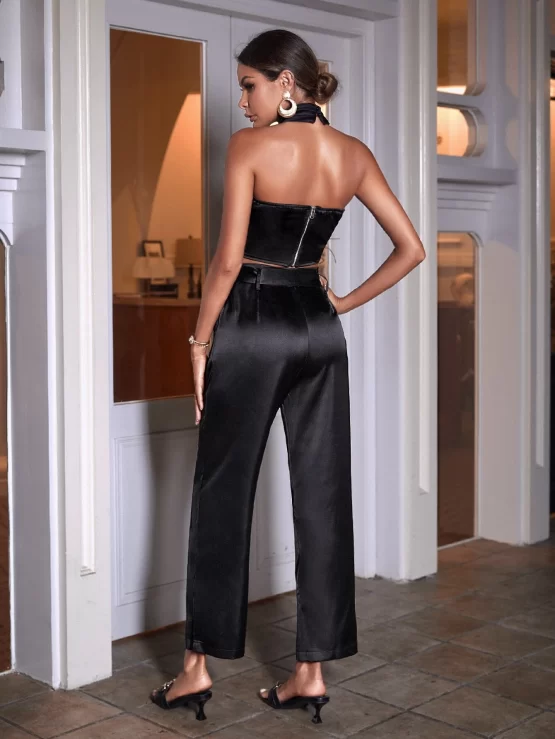 Fuzzy Hem Criss Cross Backless Crop Halter Top & Belted Pants - Image 2