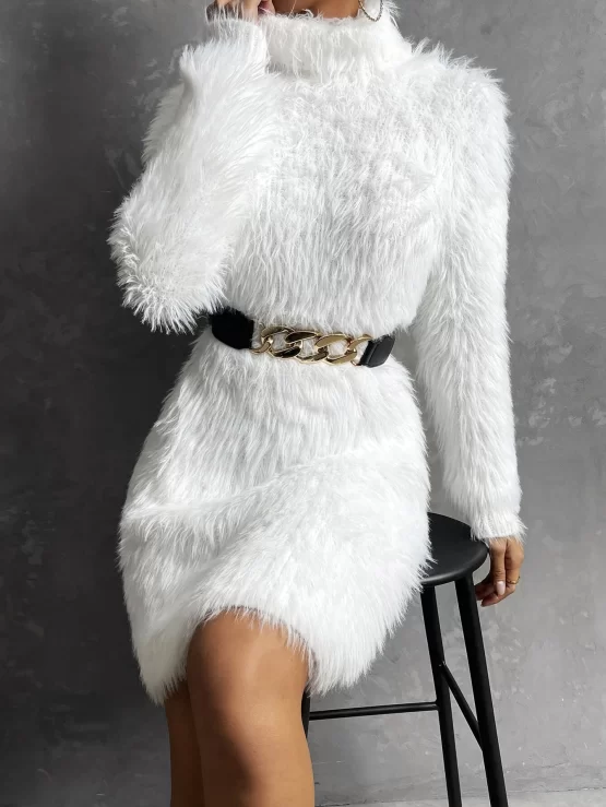Turtleneck Fluffy Knit Sweater Dress Without Belt - Image 3