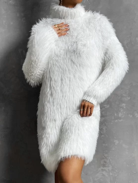 Turtleneck Fluffy Knit Sweater Dress Without Belt - Image 2