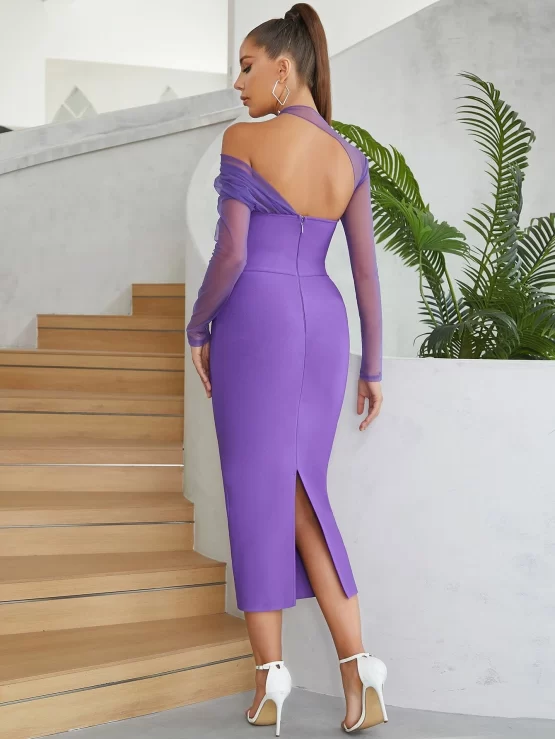 Contrast Mesh Cut Out Split Thigh Bodycon Dress - Image 2
