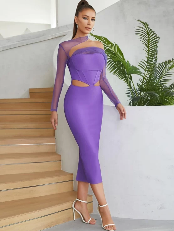 Contrast Mesh Cut Out Split Thigh Bodycon Dress - Image 3