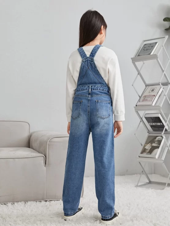 Girls Cat Whisker Washed Denim Pocket Overalls - Image 2