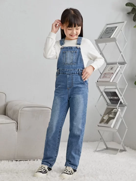 Girls Cat Whisker Washed Denim Pocket Overalls - Image 3