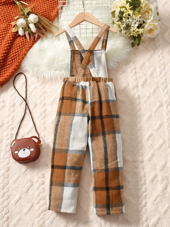 Toddler Girls Plaid Print Overall Jumpsuit - Image 3