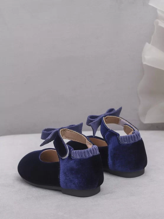 Girls Bow Plain Decor Velvet Ankle Strap Flats - Image 2