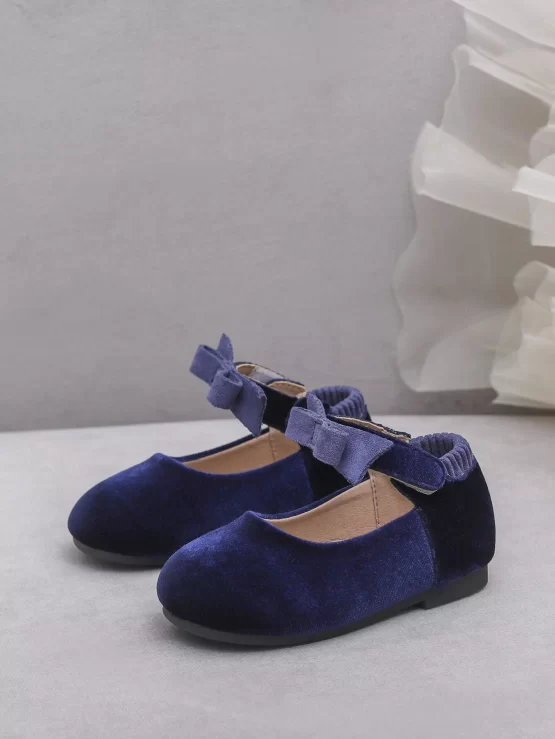 Girls Bow Plain Decor Velvet Ankle Strap Flats - Image 3