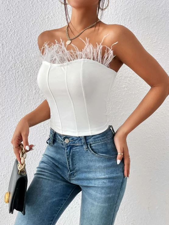 Fuzzy Plain Party Slim Fit Trim Tube Crop Top - Image 2