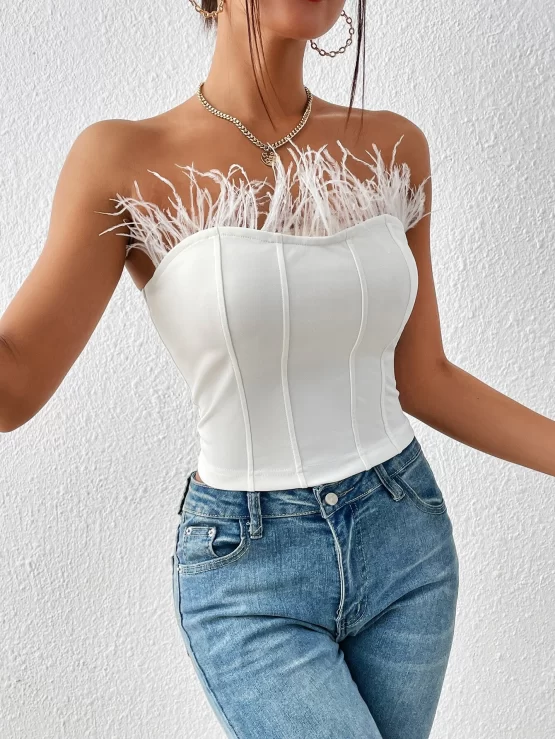Fuzzy Plain Party Slim Fit Trim Tube Crop Top - Image 3