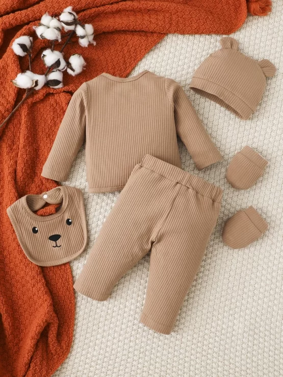 Newborn Baby Cartoon Embroidery Tee & Pants & Hat & Bib & Gloves - Image 3