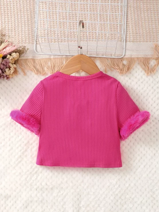 Toddler Girls Contrast Fuzzy Cuff Crop Tee - Image 2