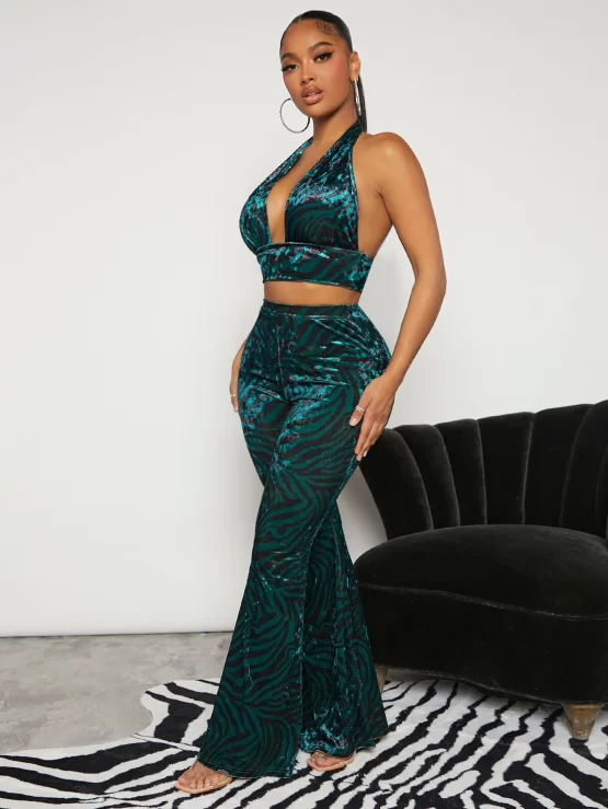 Zebra Striped Backless Crop Velvet Halter Top & Flare Leg Pants - Image 2