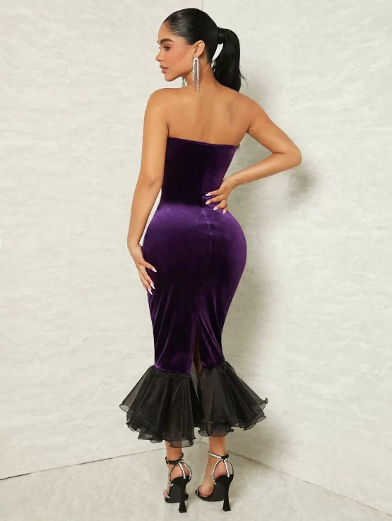 Contrast Mesh Mermaid Hem Velvet Tube Dress - Image 2