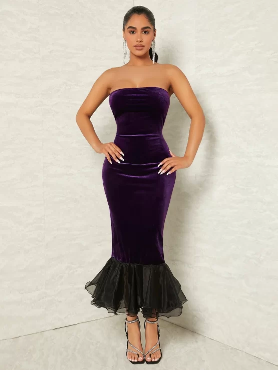 Contrast Mesh Mermaid Hem Velvet Tube Dress - Image 3