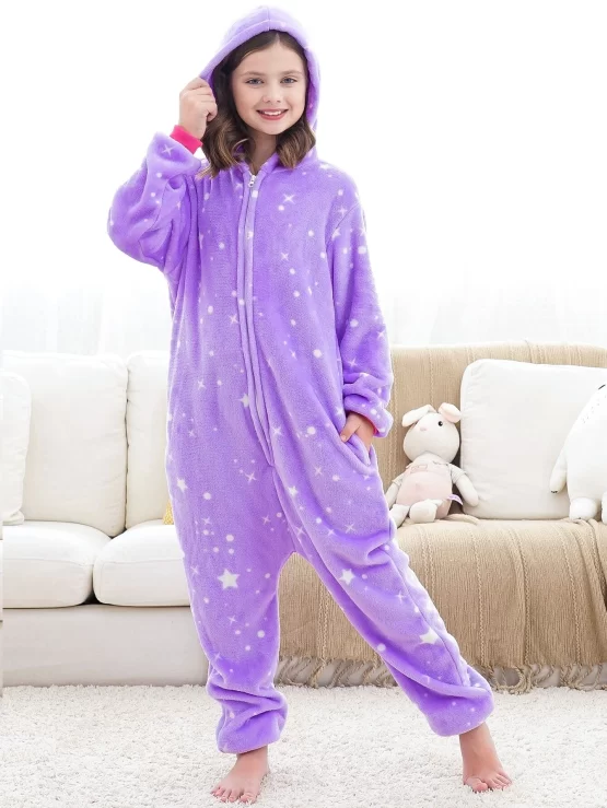 Girls Star Print Hooded Flannel Sleep Onesie - Image 3