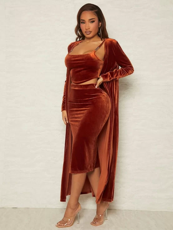 Velvet Cami Top & Split Thigh Skirt & Open Front Coat - Image 2