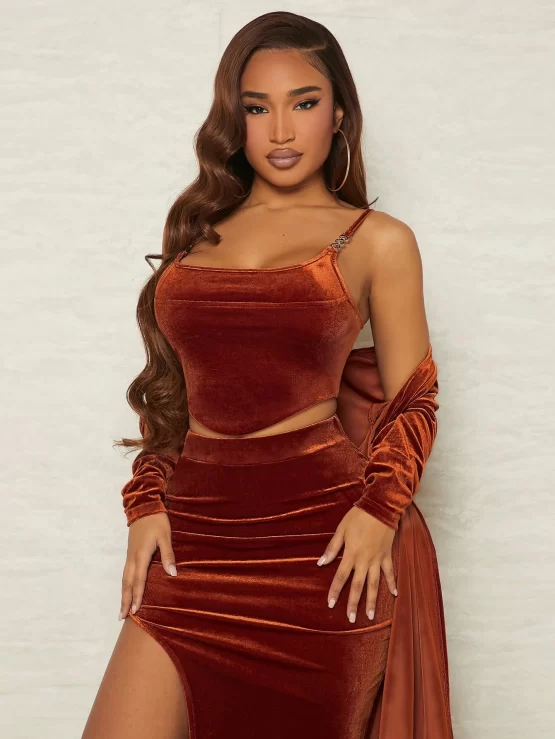 Velvet Cami Top & Split Thigh Skirt & Open Front Coat - Image 3
