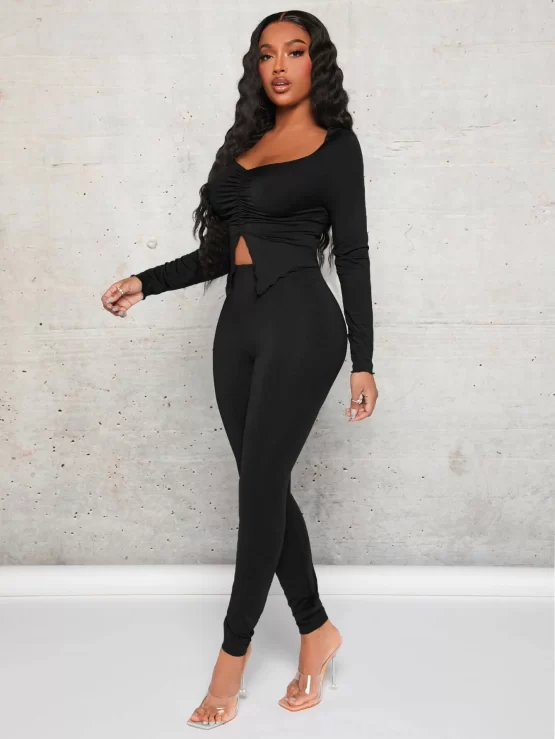 Sweetheart Neck Split Hem Top & Leggings - Image 6