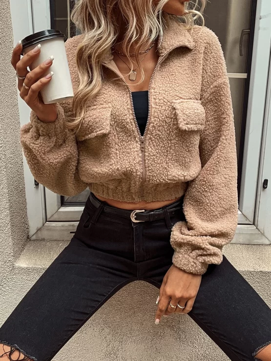 EMERY ROSE Flap Pocket Drop Shoulder Crop Teddy Jacket - Image 3