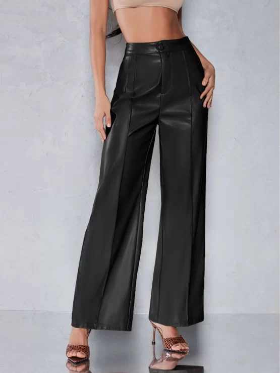 Seam Front PU Leather Zipper Fly Wide Leg Pants - Image 2